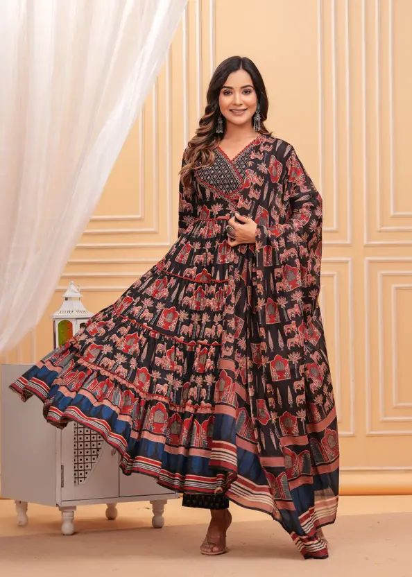 Empire Style Pure Cotton Anarkali Kurta With Trousers & Dupatta