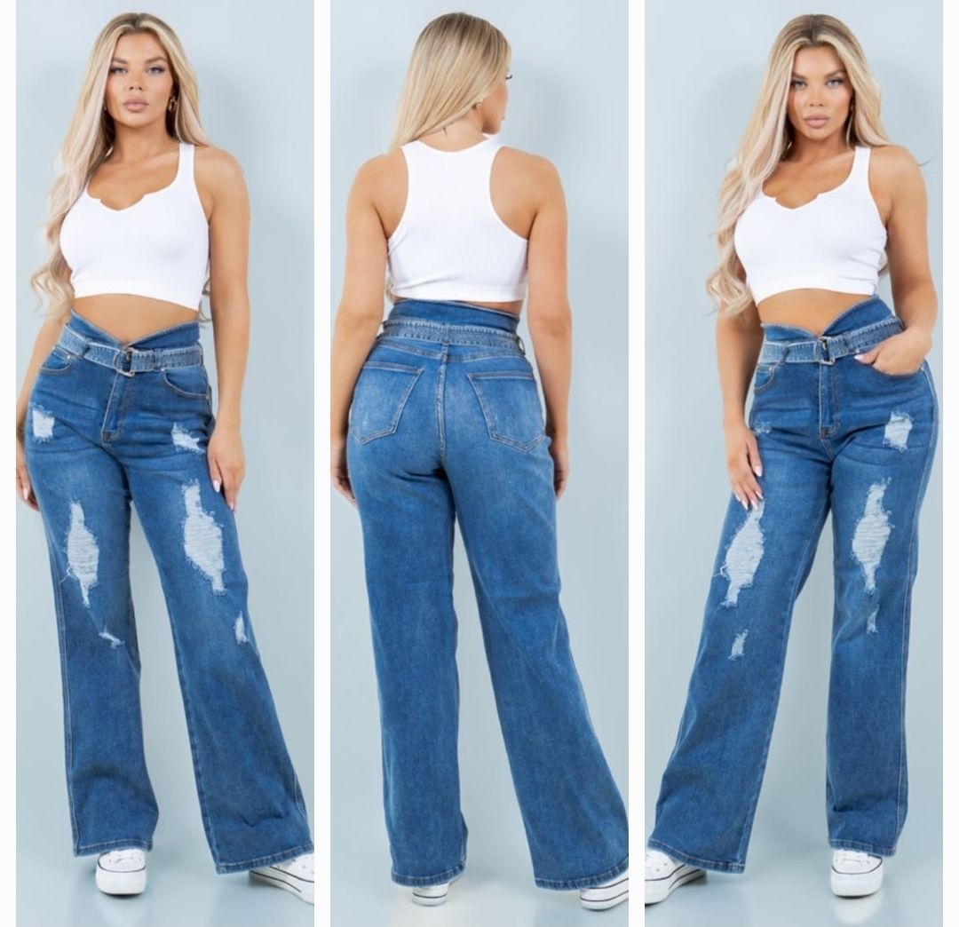 BELTED DENIM JEANS