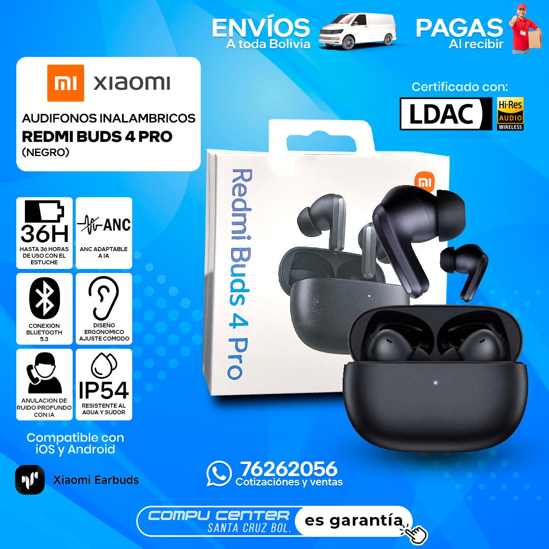 XIAOMI REDMI BUDS 4 PRO / INALAMBRICO / LDAC - HIFI / RESISTENTE IP54 / NEGRO