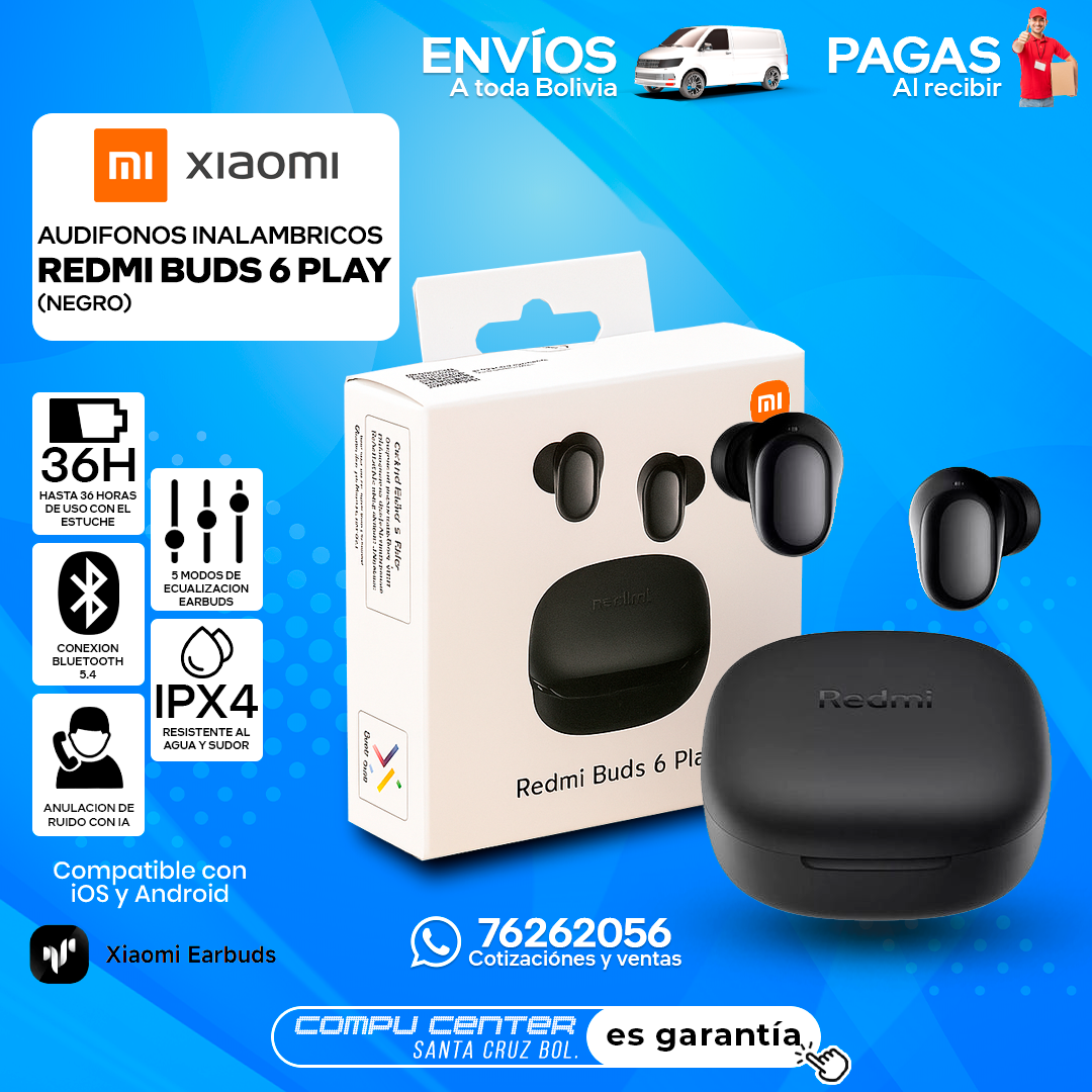 XIAOMI REDMI BUDS 6 PLAY / INALAMBRICO / RESISTENTE IPX4 / NEGRO
