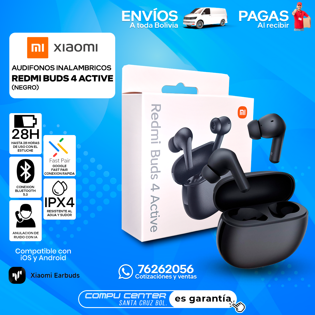 XIAOMI REDMI BUDS 4 ACTIVE / INALAMBRICO / RESISTENTE IPX4 / NEGRO