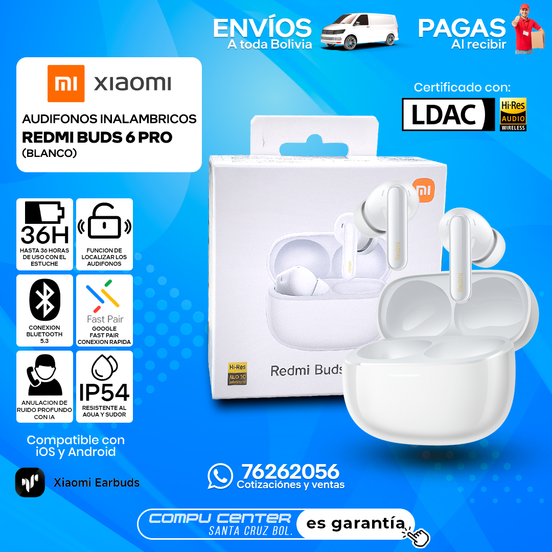 XIAOMI REDMI BUDS 6 PRO / INALAMBRICO / LDAC - HIFI / RESISTENTE IP54 / BLANCO