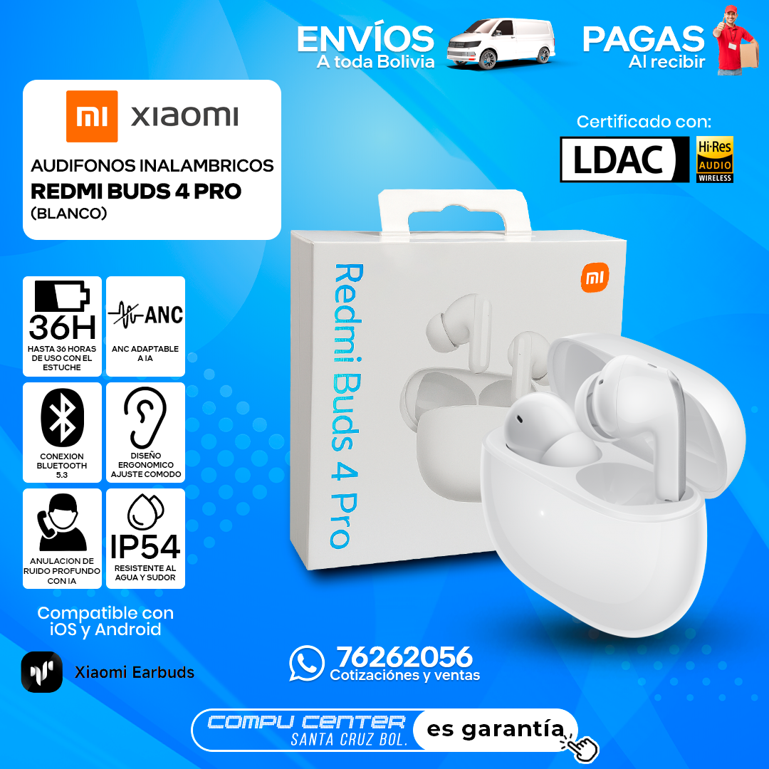 XIAOMI REDMI BUDS 4 PRO / INALAMBRICO / LDAC - HIFI / RESISTENTE IP54 / BLANCO