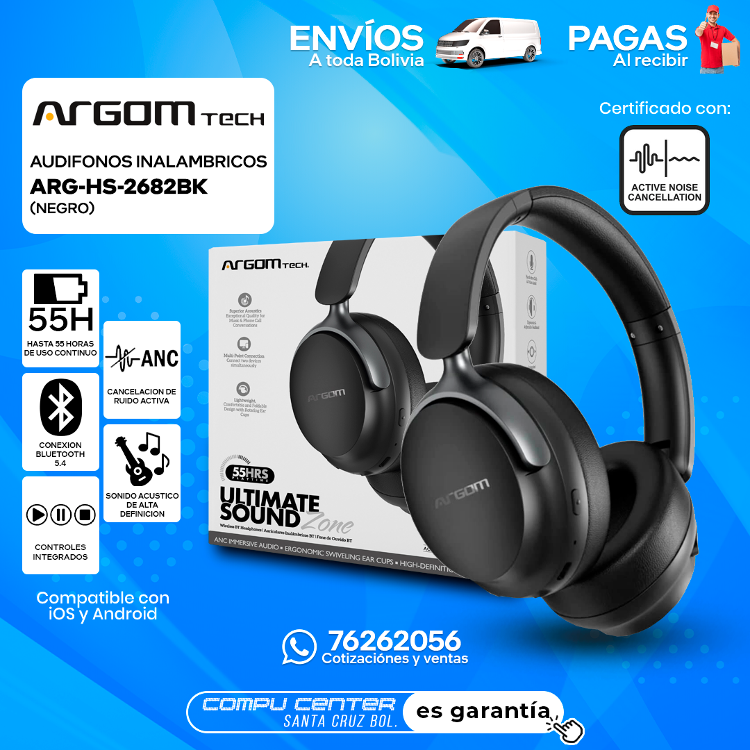 ARGOM TECH ARG HS 2682BK / INALAMBRICO / ANC CANCELACION DE RUIDO ACTIVA / NEGRO