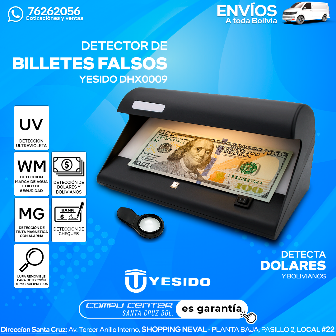 YESIDO DETECTOR DE BILLETES FALSOS / LUZ ULTRAVIOLETA / LUZ BLANCCA / DETECCION DE TINTA MAGNETICA