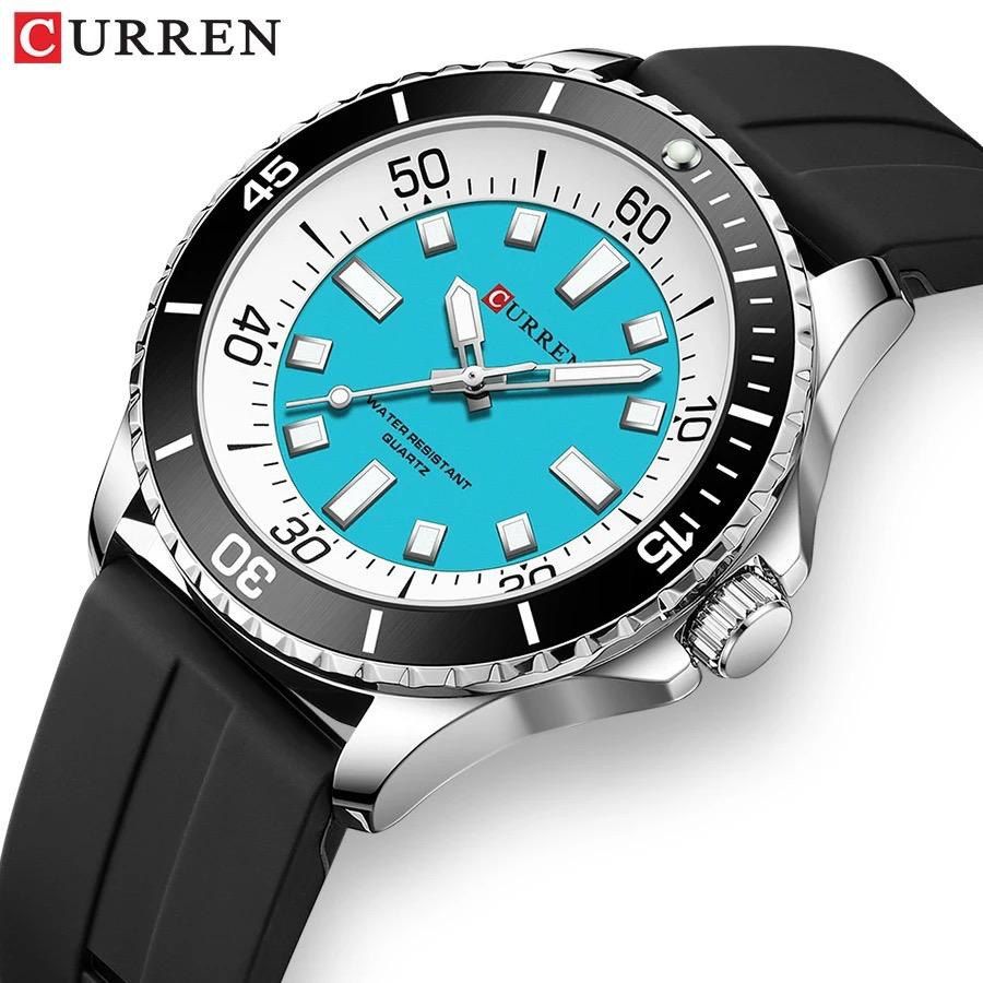 Montre Curren 8448 En Silicone Noir Fond Bleu Clair