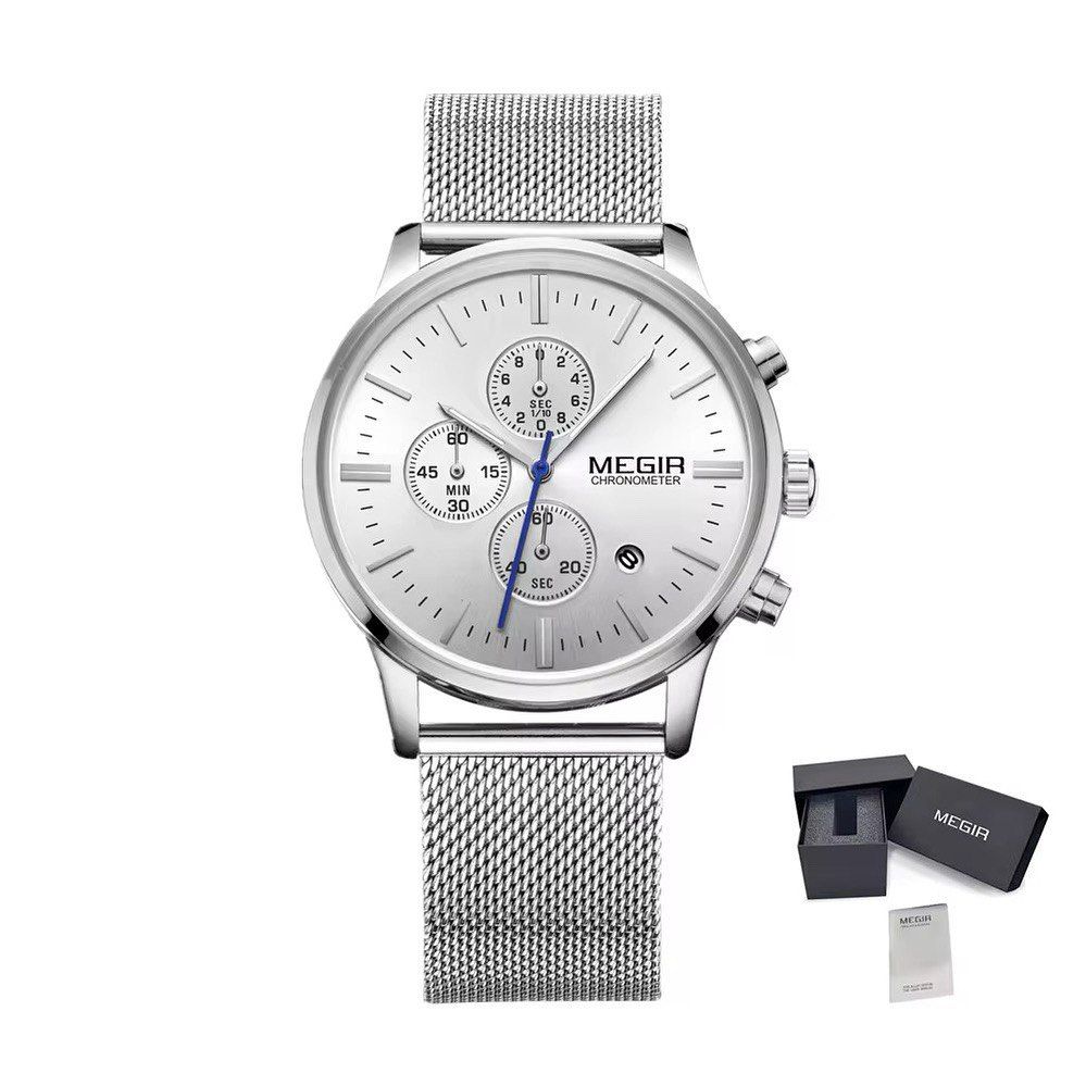 Montre Megir 2011 Chronographe En Maille Milanaise Acier Argentée