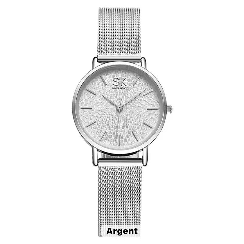 Montre Shengke(Sk) K0006 En Maille Milanaise Argentée Fond Blanc