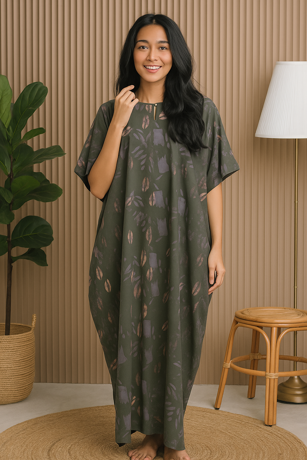 SHORT SLEEVE KAFTAN ABSTRACT : DARK GREEN