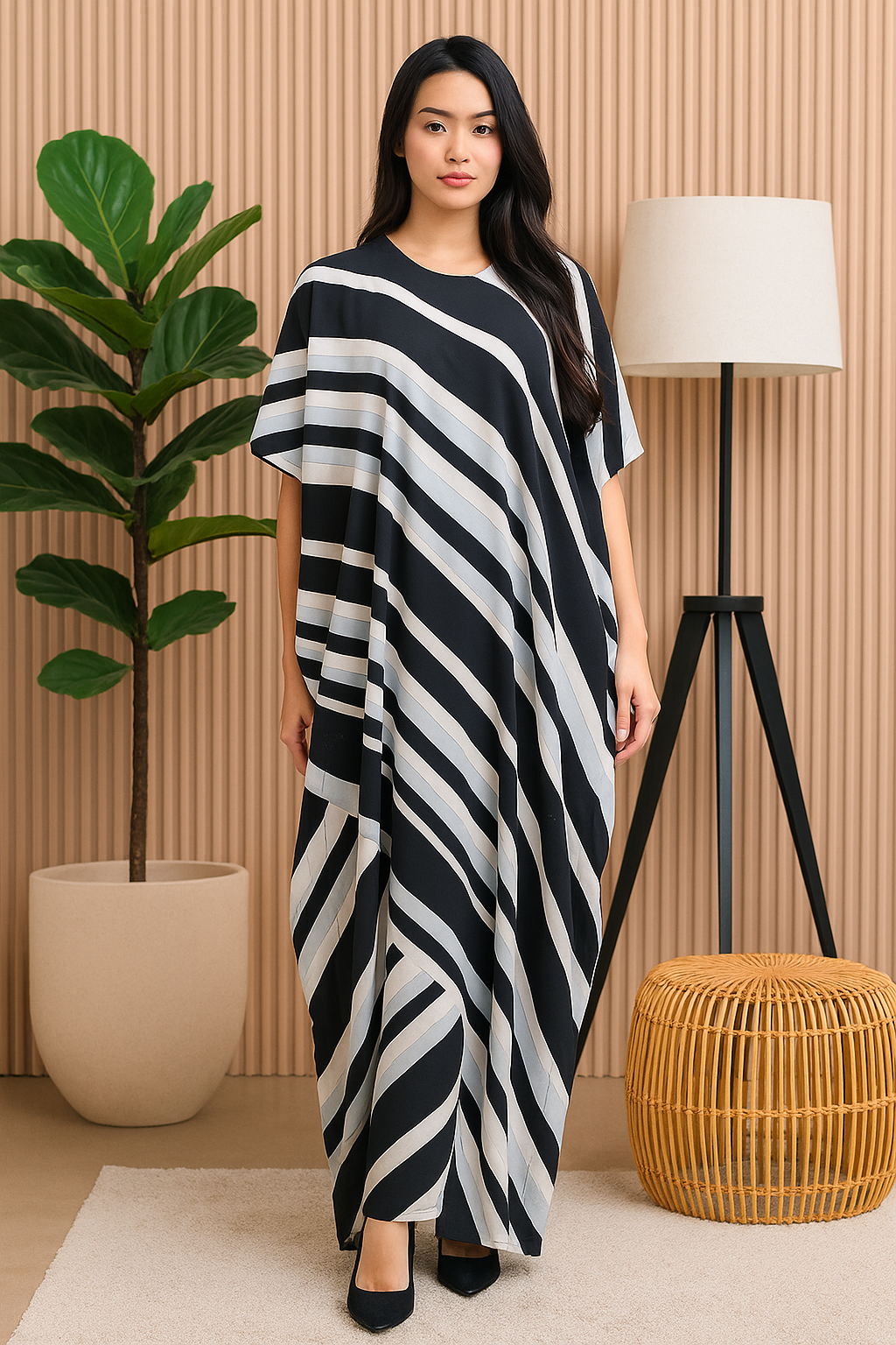 SHORT SLEEVE KAFTAN ABSTRACT : GREY/BLACK