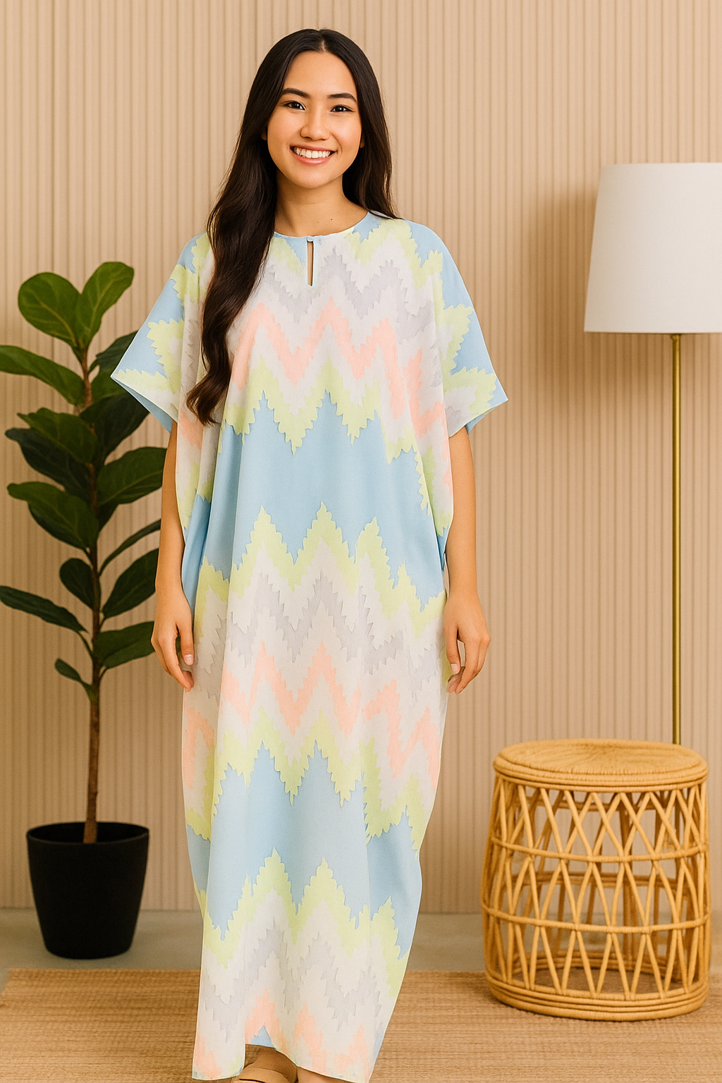 SHORT SLEEVE KAFTAN ZIGZAG : TEAL BLUE/GREEN