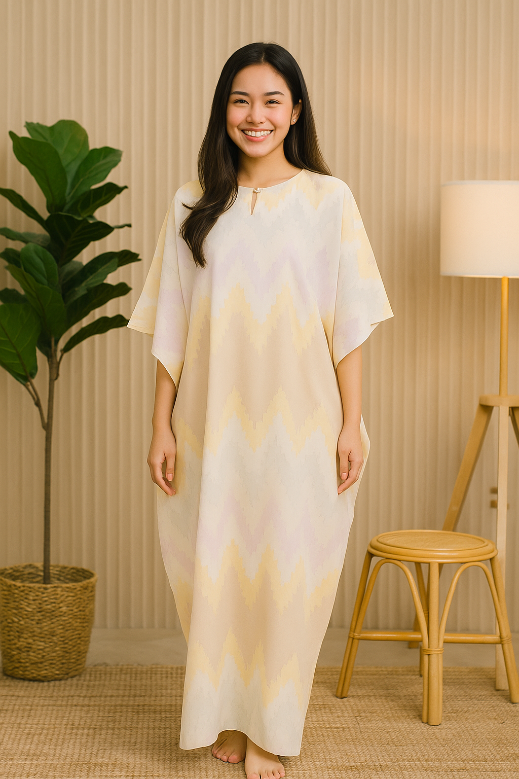 SHORT SLEEVE KAFTAN ZIGZAG : CREAM