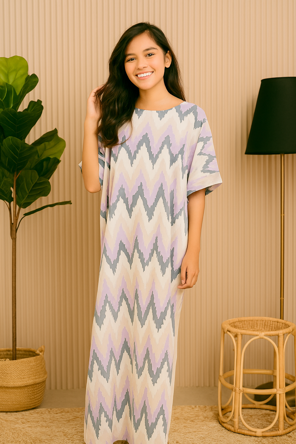 3/4 SLEEVE KAFTAN ZIGZAG WITH DIAMANTE CRYSTAL : LILAC CREAM