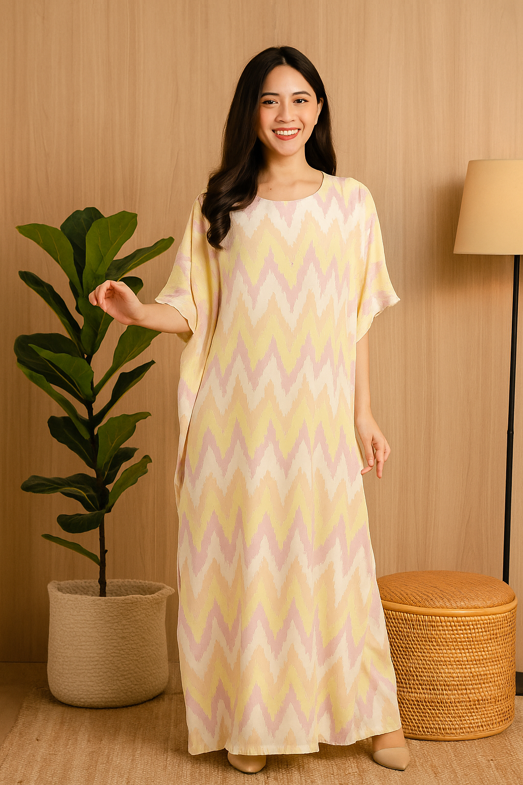 3/4 SLEEVE KAFTAN ZIGZAG WITH DIAMANTE CRYSTAL : LIME GREEN