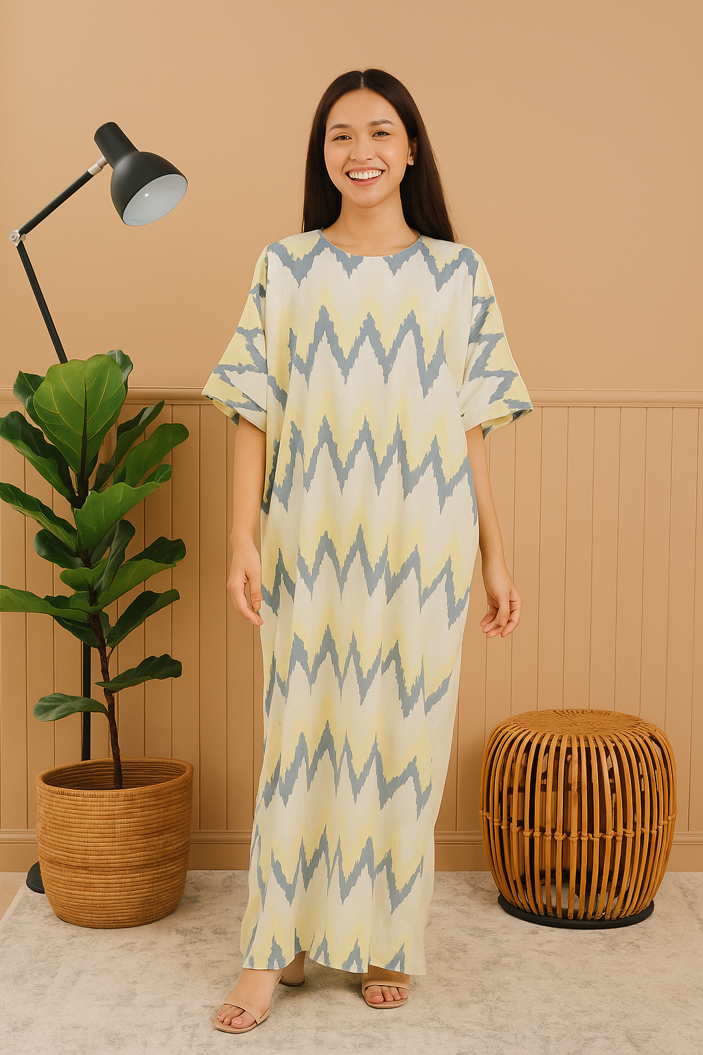 3/4 SLEEVE KAFTAN ZIGZAG WITH DIAMANTE CRYSTAL : YELLOW