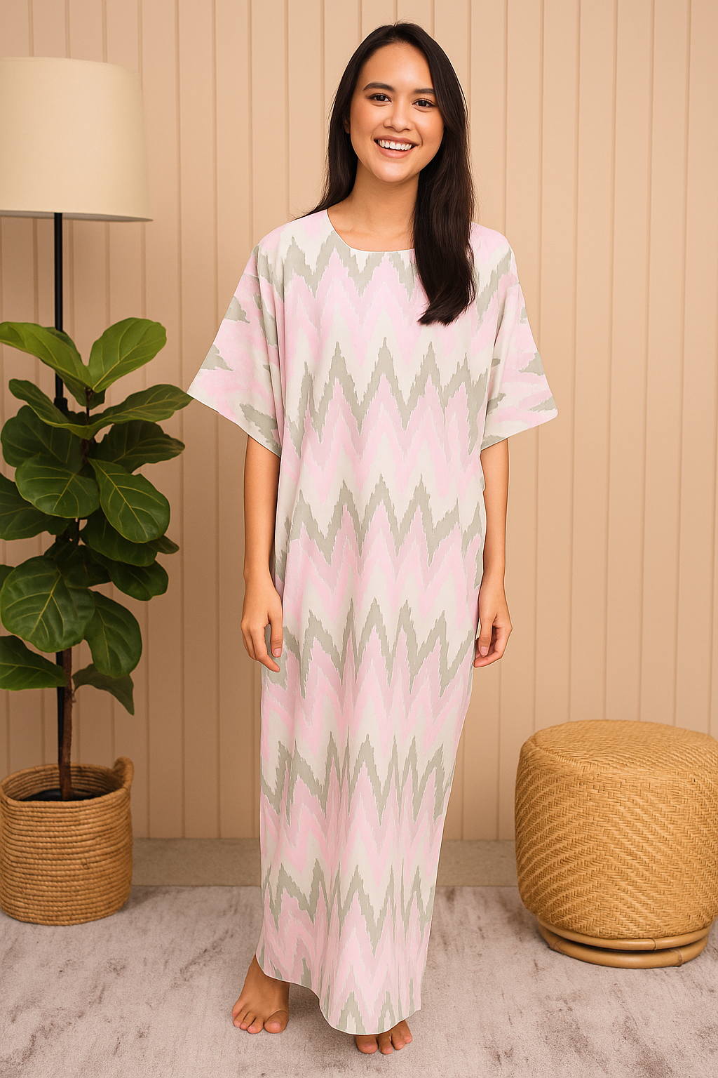 3/4 SLEEVE KAFTAN ZIGZAG WITH DIAMANTE CRYSTAL : PINK