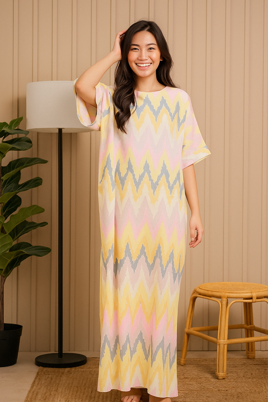 3/4 SLEEVE KAFTAN ZIGZAG WITH DIAMANTE CRYSTAL : YELLOW PINK