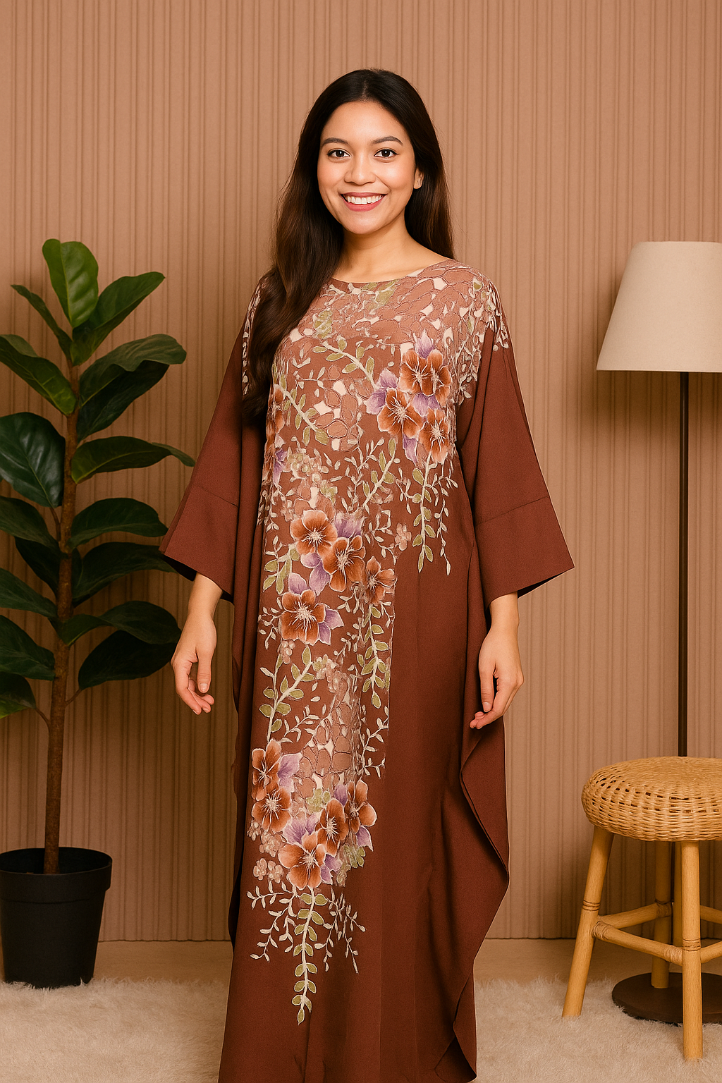 LONG BATWING SLEEVE KAFTAN ABAYA WITH DIAMANTE CRYSTAL : BROWN