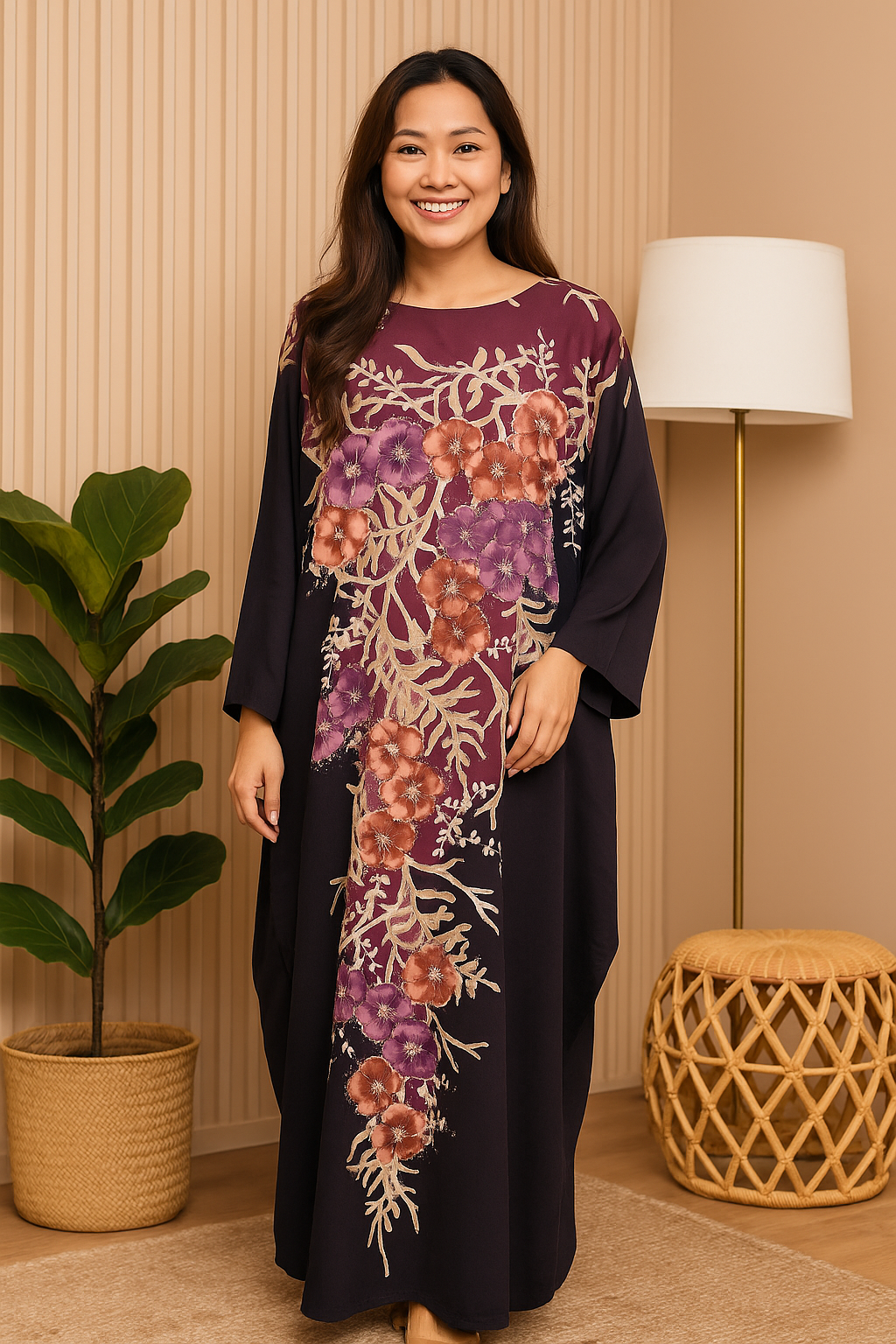 LONG BATWING SLEEVE KAFTAN ABAYA WITH DIAMANTE CRYSTAL : PURPLE