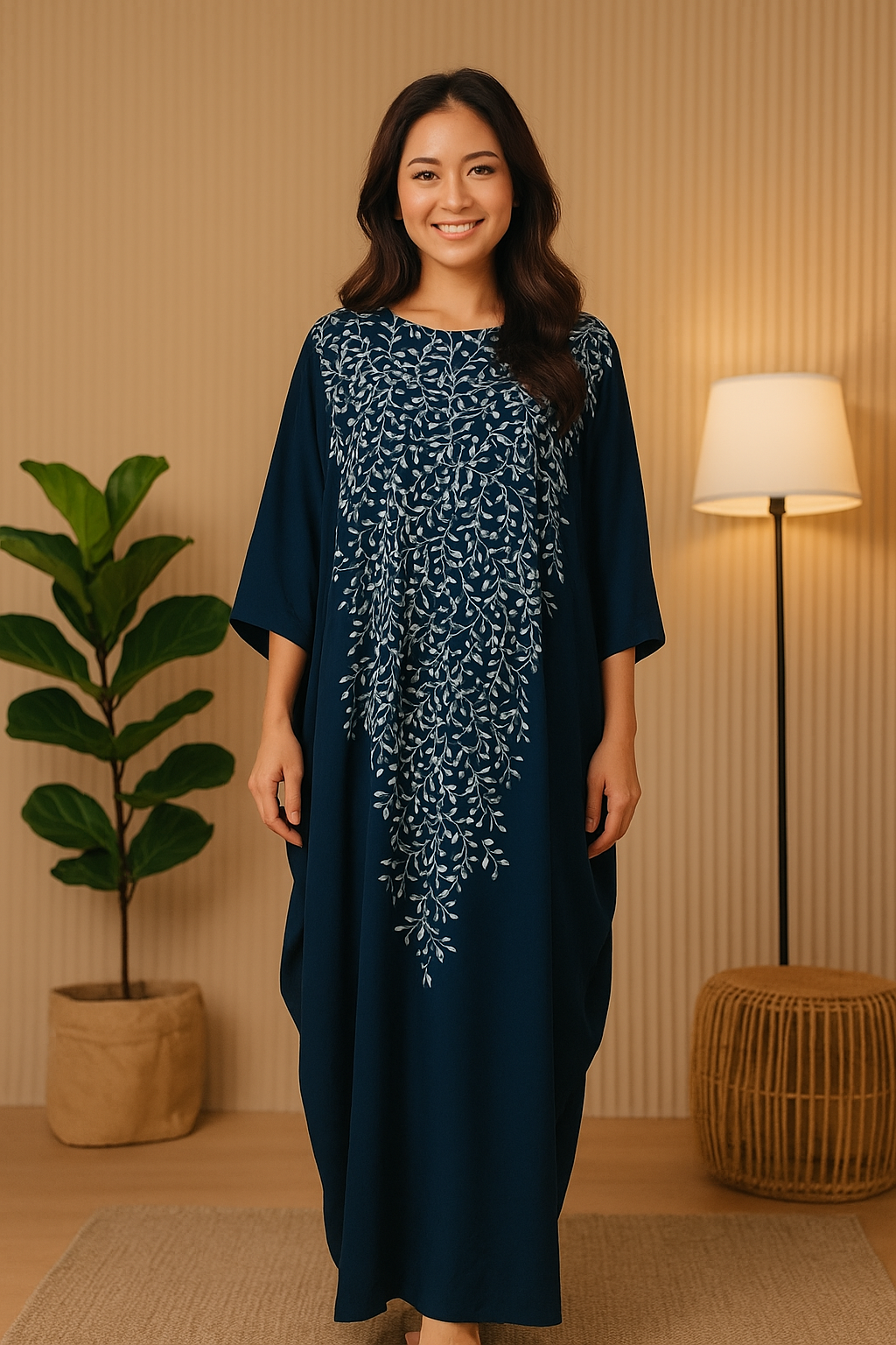 LONG BATWING SLEEVE KAFTAN ABAYA WITH DIAMANTE CRYSTAL : NAVY BLUE