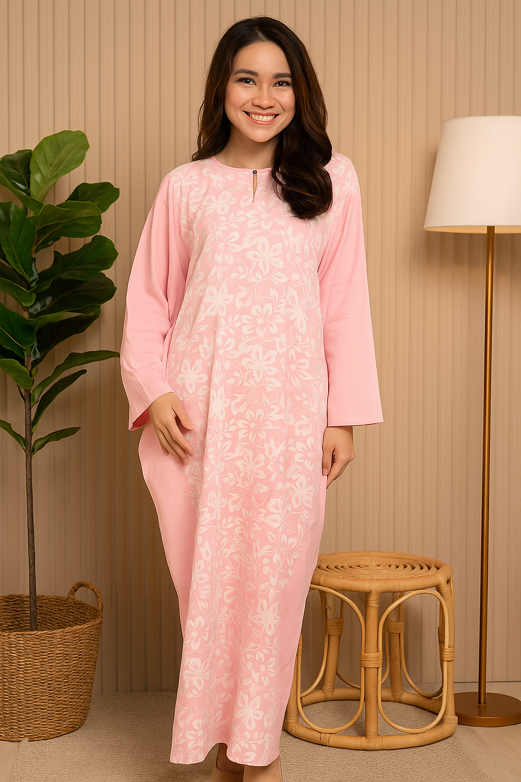 LONG SLEEVE KAFTAN BATIK KLASIK WITH DIAMANTE CRYSTAL : DUSTY PINK