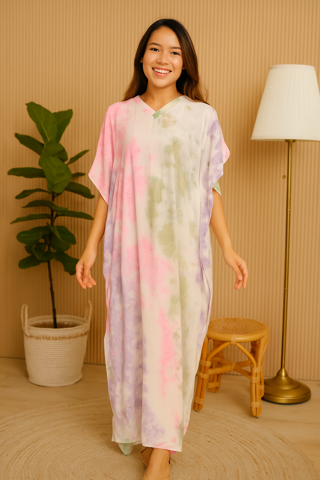 SHORT SLEEVE KAFTAN TIE DYE : WHITE PINK