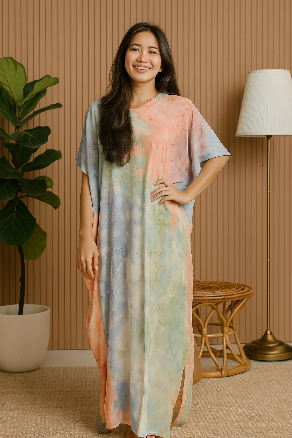 SHORT SLEEVE KAFTAN TIE DYE : GREEN PEACH