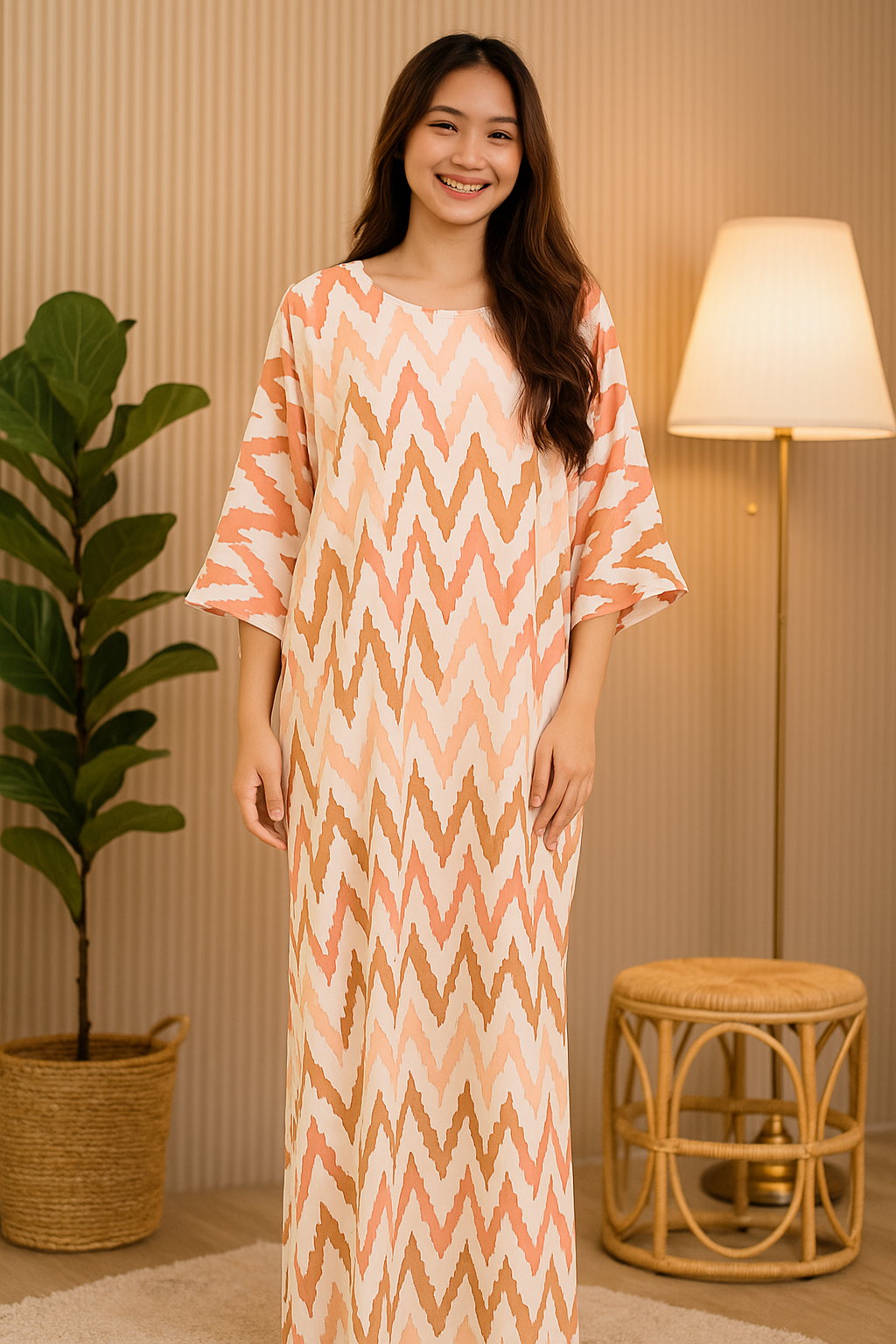 3/4 SLEEVE KAFTAN ZIGZAG : BROWN PEACH