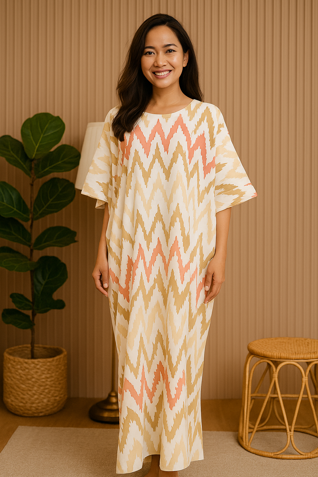 3/4 SLEEVE KAFTAN ZIGZAG : BROWN BRICK