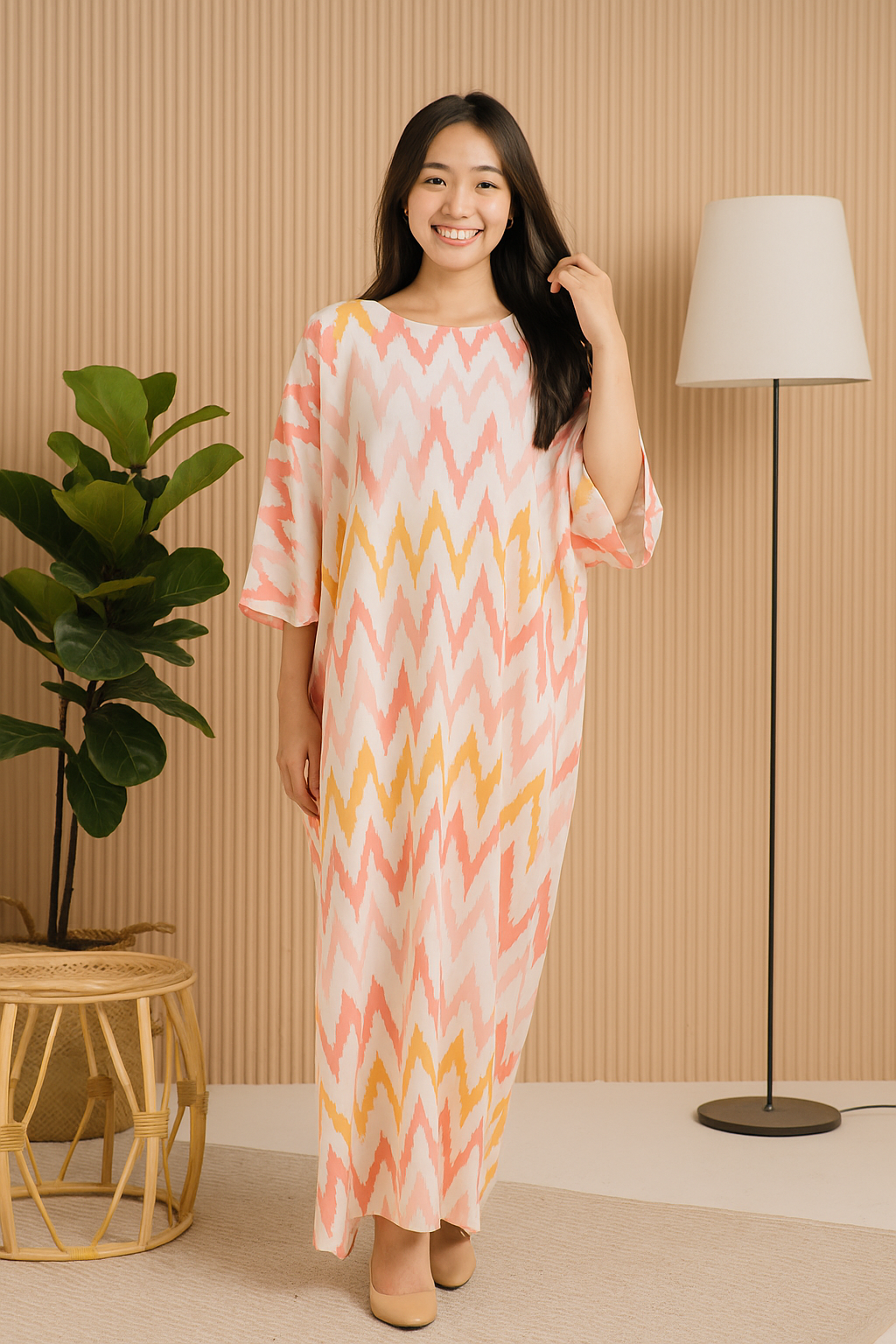 3/4 SLEEVE KAFTAN ZIGZAG : ORANGE PINK