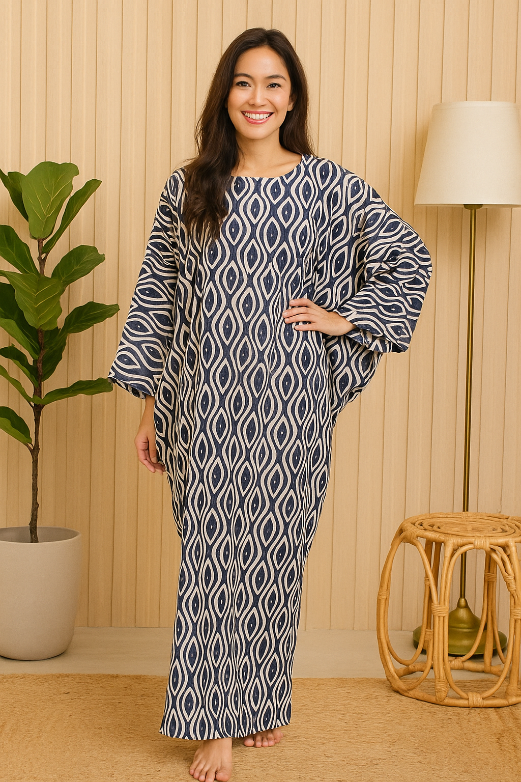 LONG SLEEVE KAFTAN ABAYA DAUN WITH DIAMANTE CRYSTAL : BLACK
