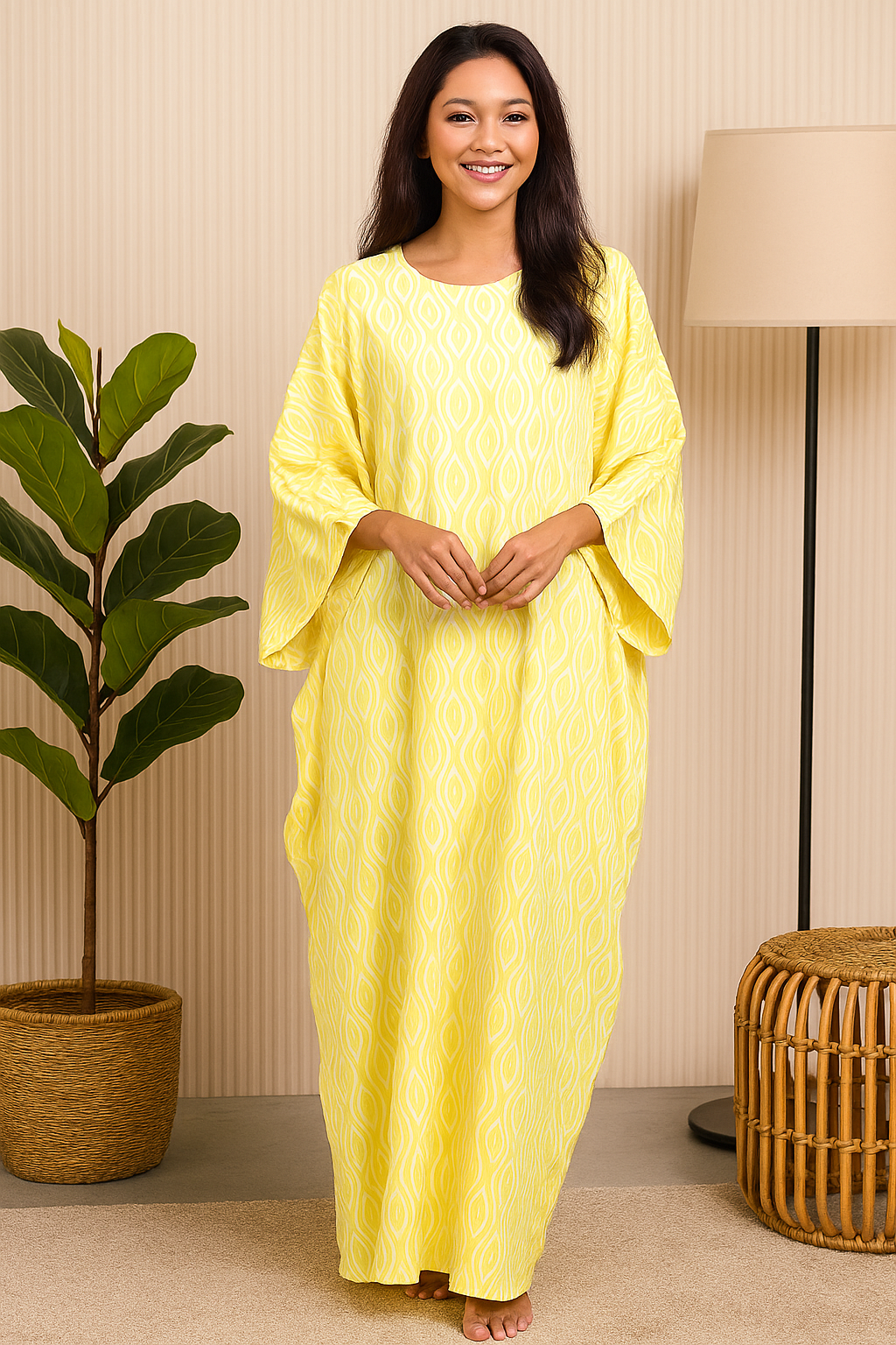 LONG SLEEVE KAFTAN ABAYA DAUN WITH DIAMANTE CRYSTAL : YELLOW