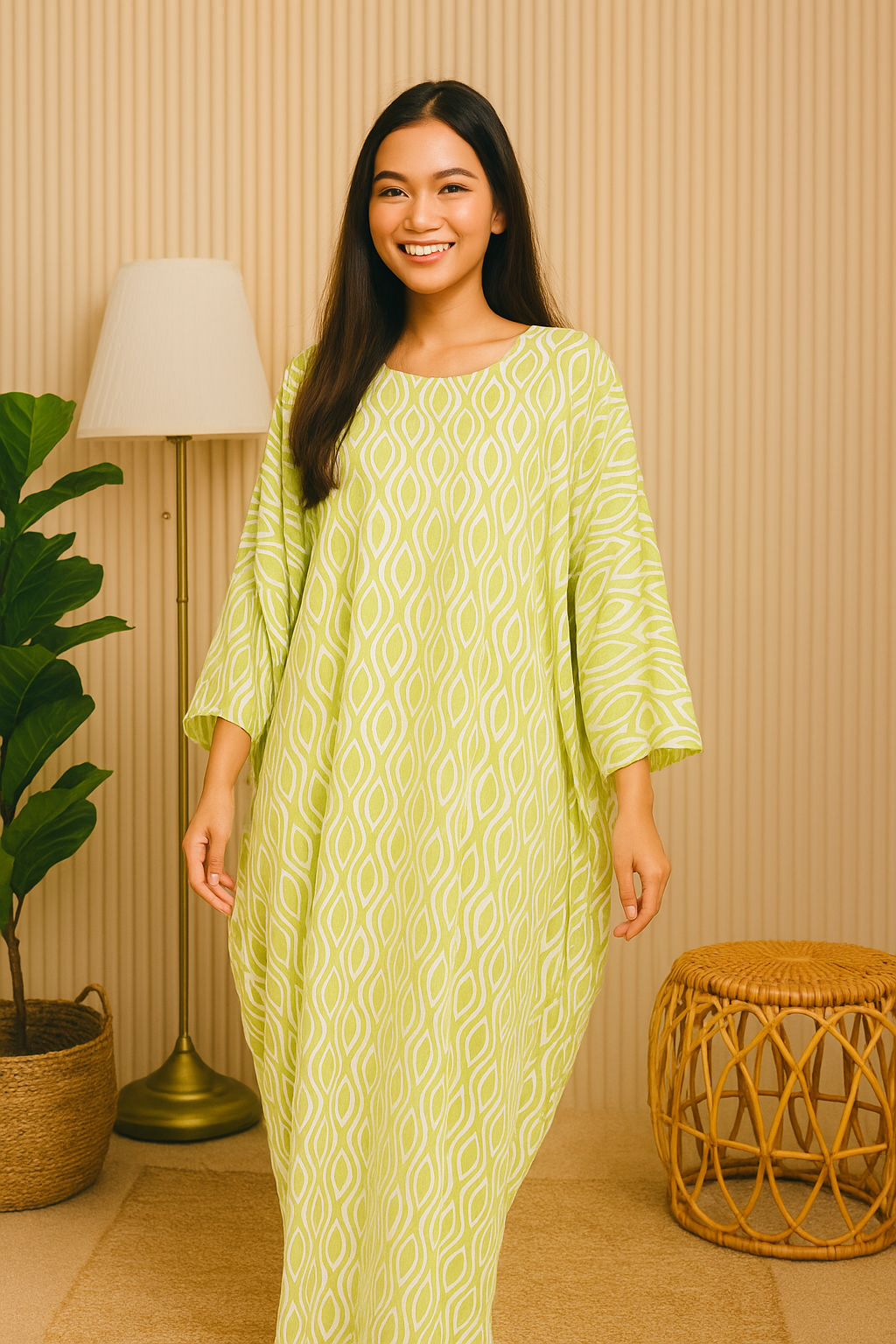 LONG SLEEVE KAFTAN ABAYA DAUN WITH DIAMANTE CRYSTAL : LIGHT GREEN