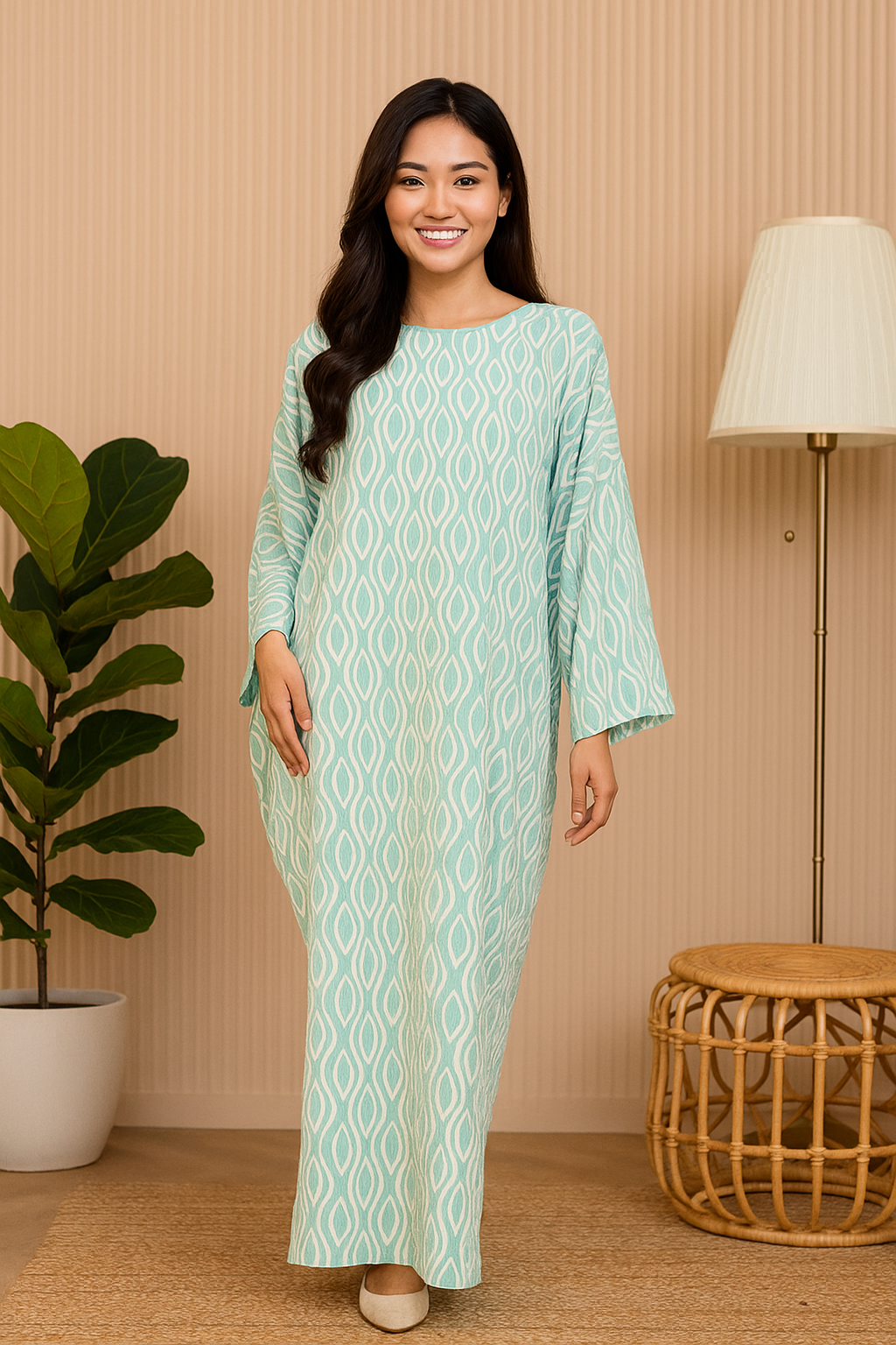 LONG SLEEVE KAFTAN ABAYA DAUN WITH DIAMANTE CRYSTAL : MOSS GREEN