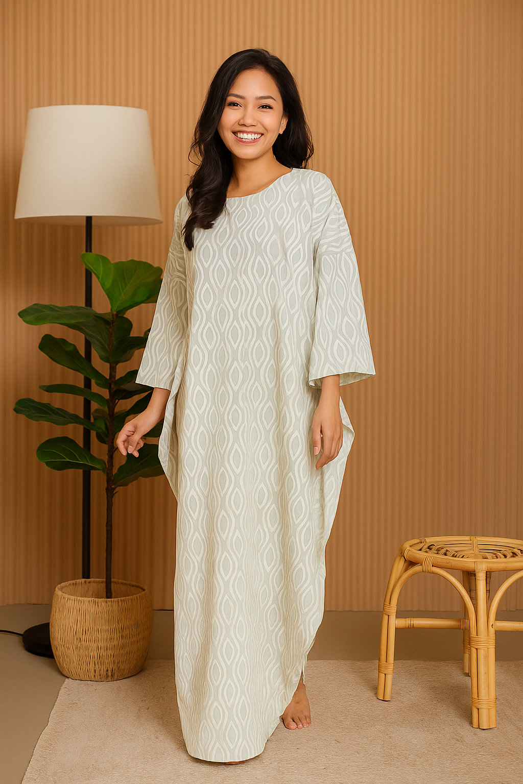 LONG SLEEVE KAFTAN ABAYA DAUN WITH DIAMANTE CRYSTAL : SAGE GREEN
