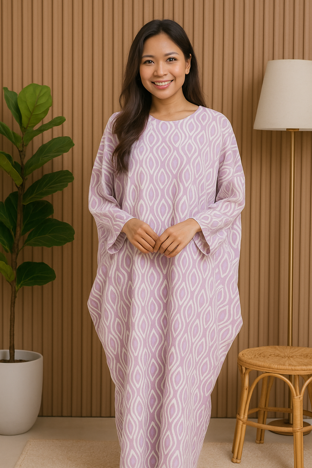 LONG SLEEVE KAFTAN ABAYA DAUN WITH DIAMANTE CRYSTAL : LIGHT PURPLE