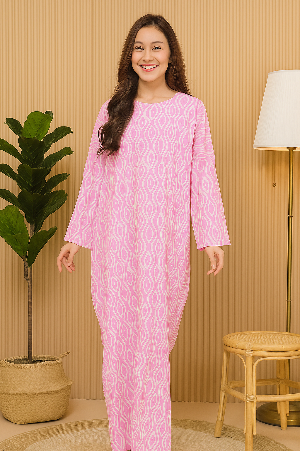 LONG SLEEVE KAFTAN ABAYA DAUN WITH DIAMANTE CRYSTAL : PINK