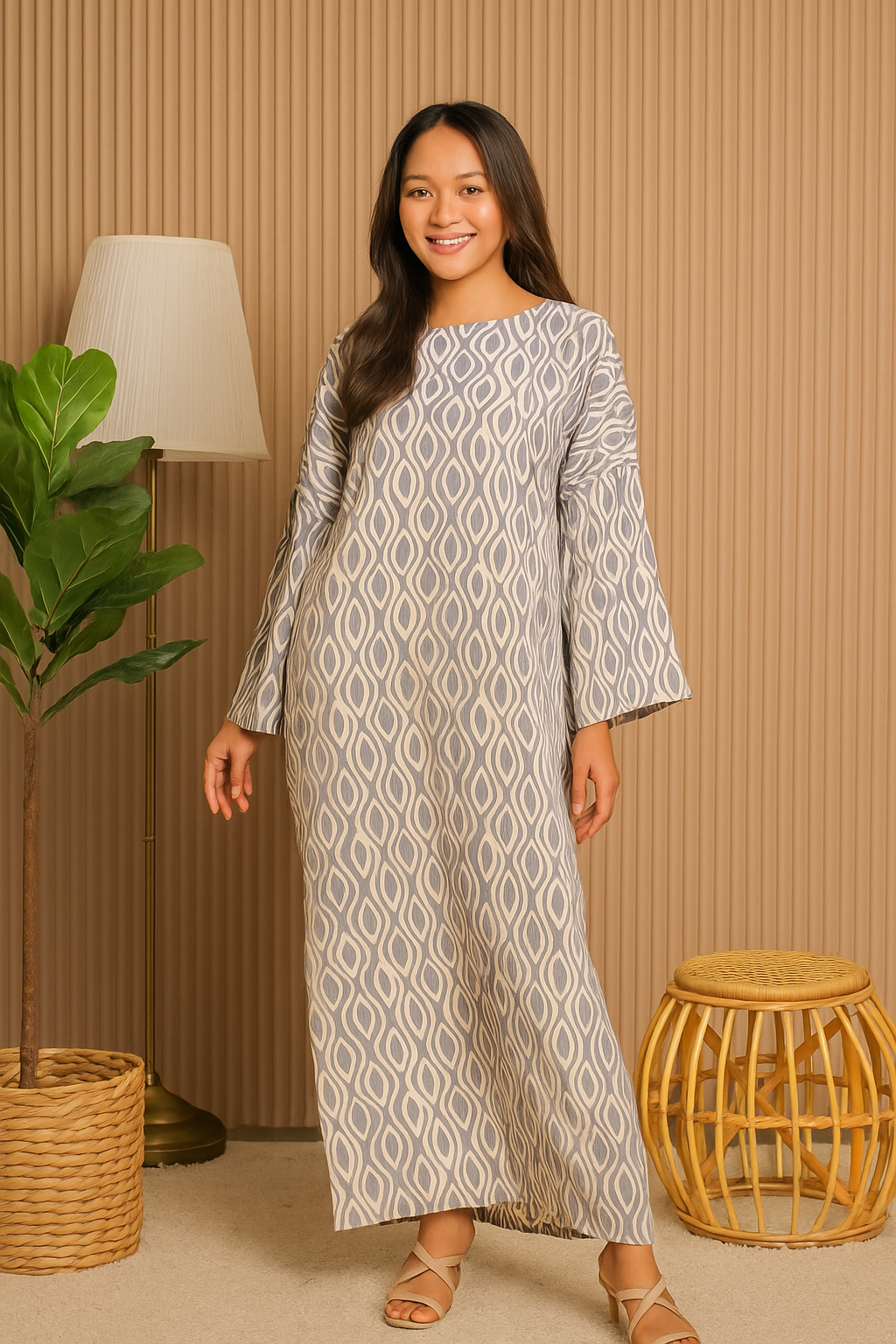 LONG SLEEVE KAFTAN ABAYA DAUN WITH DIAMANTE CRYSTAL : DARK GREY