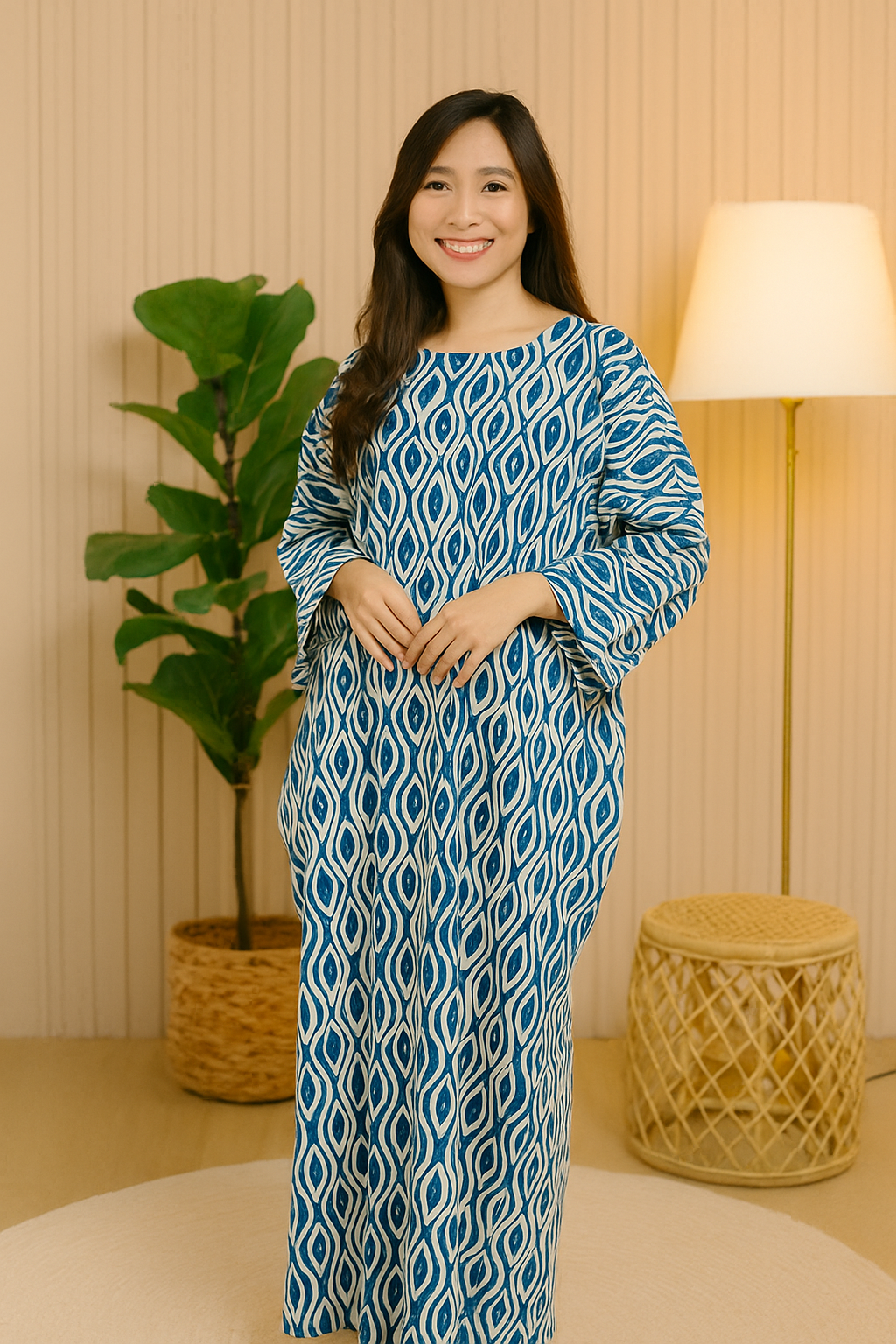 LONG SLEEVE KAFTAN ABAYA DAUN WITH DIAMANTE CRYSTAL : ROYAL BLUE