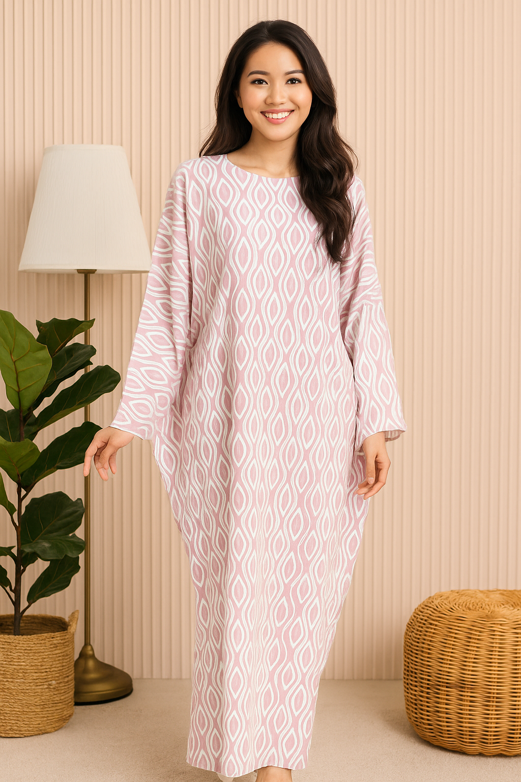 LONG SLEEVE KAFTAN ABAYA DAUN WITH DIAMANTE CRYSTAL : PINK MAUVE