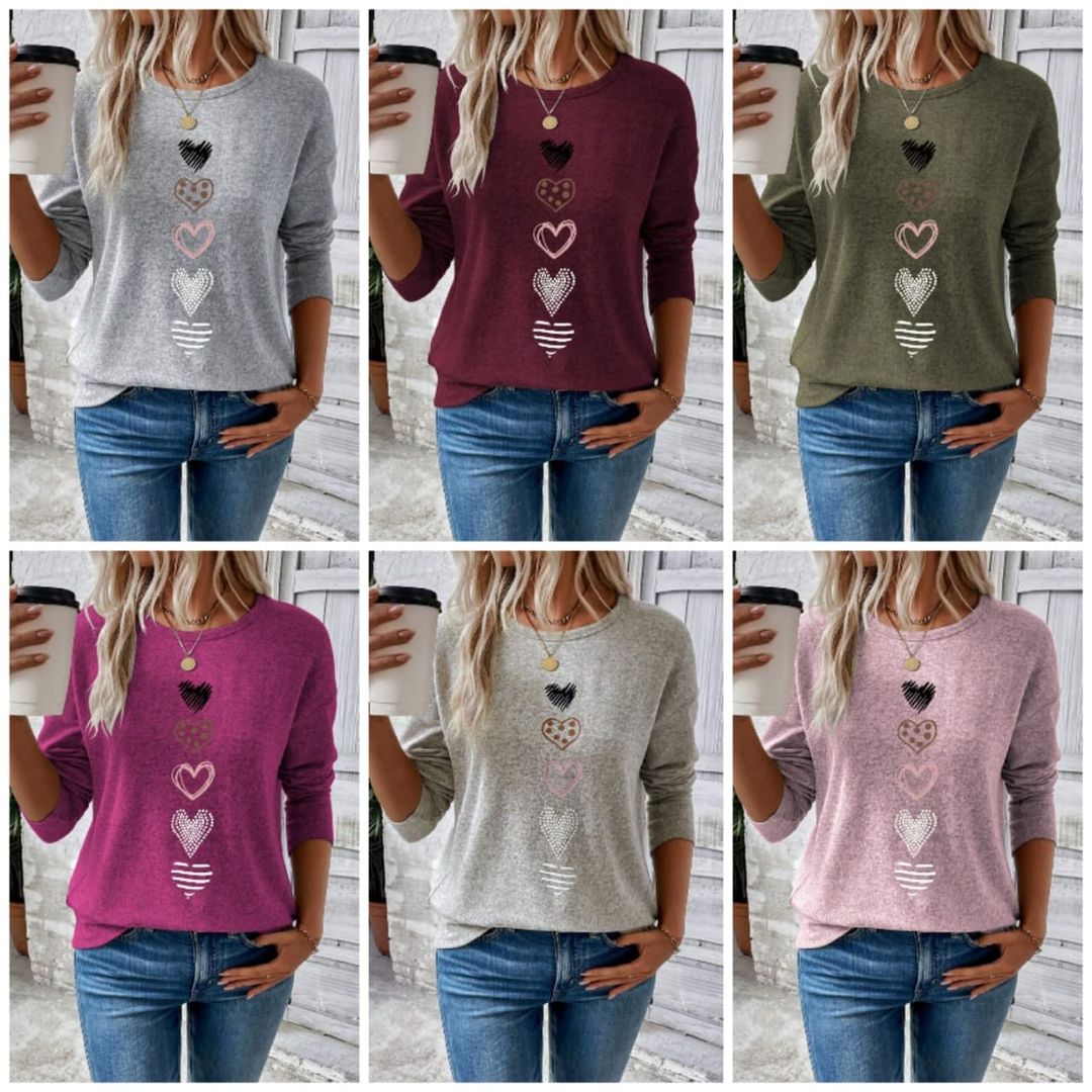 Women's Casual Heart Print Long Sleeve T-Shirt
