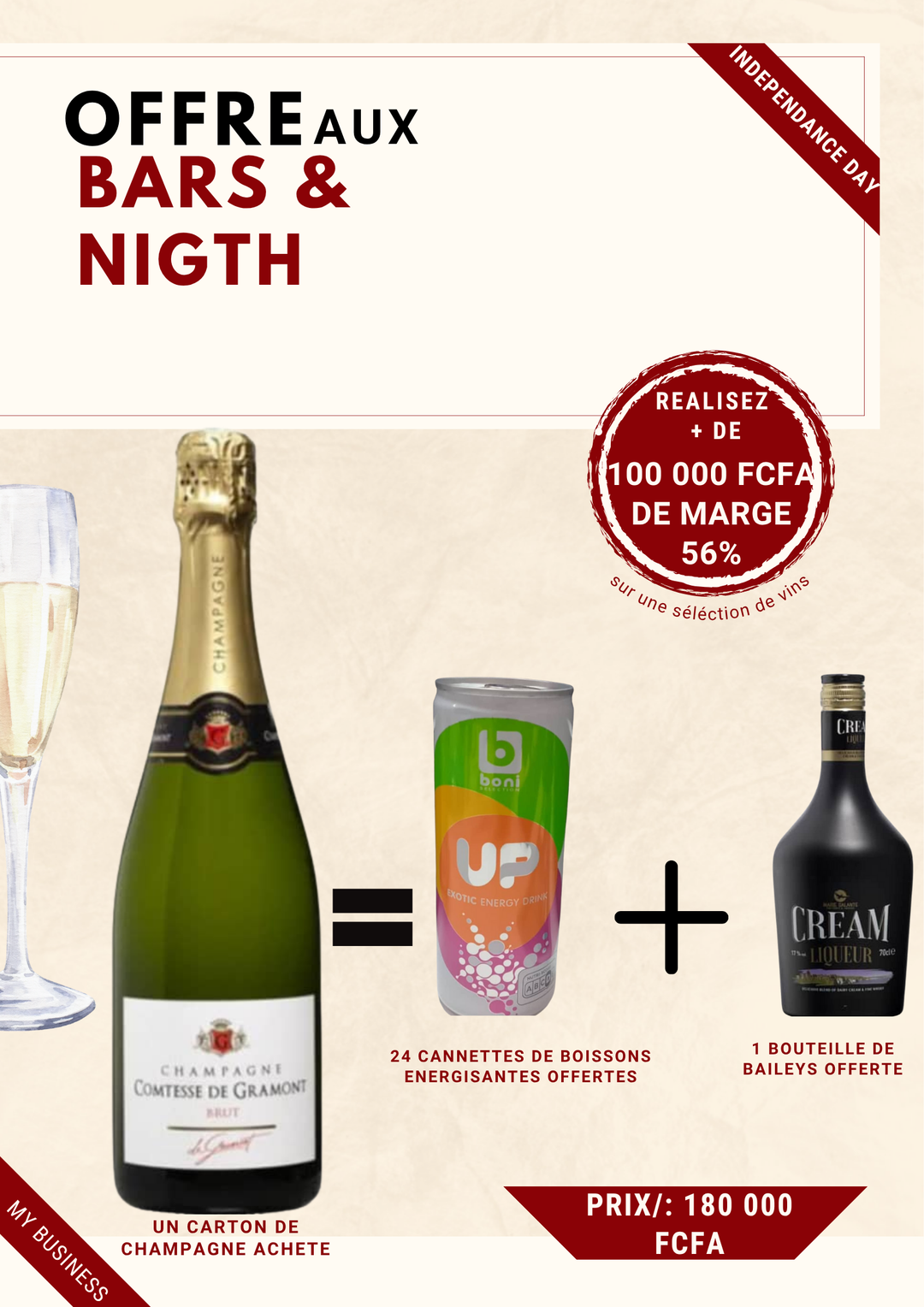 Offre Bars & Nigth Club, 01 Carton de Champagne GRAMONT Acheté (06 bouteilles) = 24 Cannettes de Boissons Energisantes BONI Offertes + 01 Bouteille de Baileys Offerte. Prix de vente: 180 000 FCFA  Bénéfice: 12 000 FCFA . Offre valable jusqu'au 10 Aout 2025