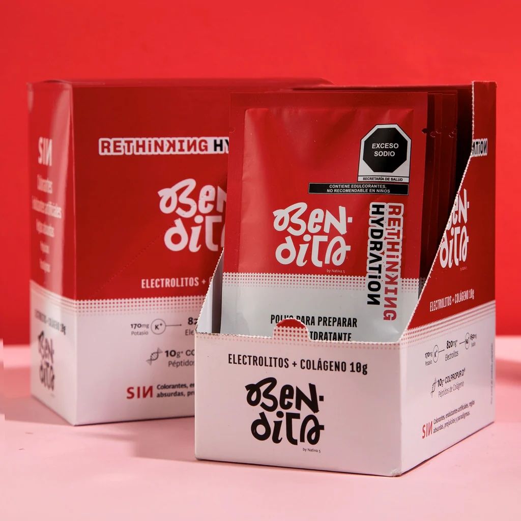 Electrolitos + Colágeno Hidrolizado Caja de 14 sobres sabor Frutos Rojos Bendita by Nativa5