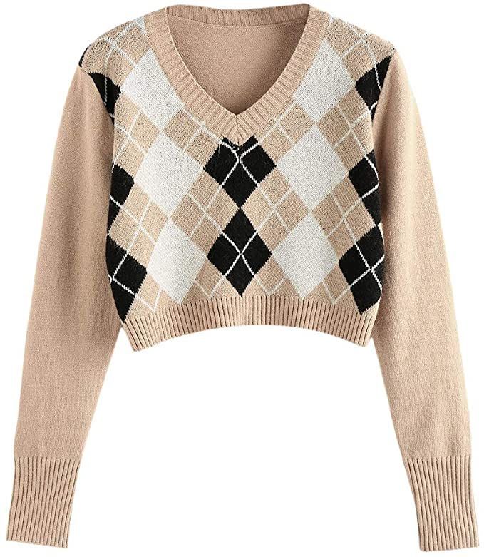 ZAFUL Women's Argyle Sweater V-Neck Cropped Sweater Long-Sleeve Plaid Sweater Pullover Jumper Knit Top