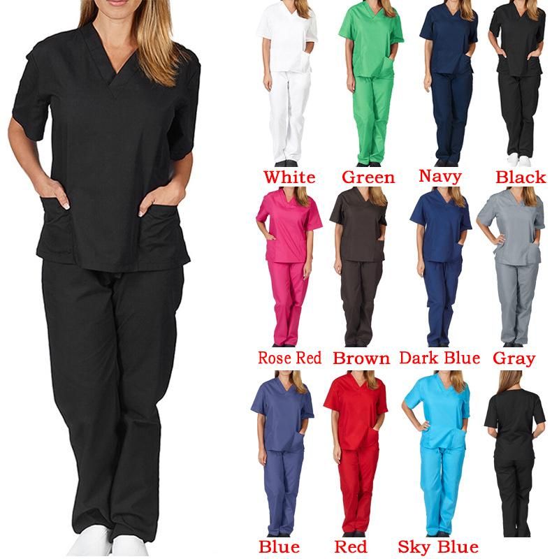 Two Piece Set Scrub Suit Nursing Uniform Set Tops+Pants V-neck Short Sleeved Fast-drying Suits