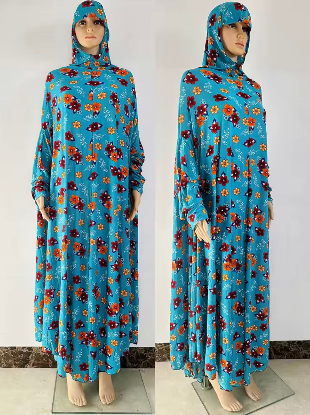 Abaya ample à fleurs avec hijab intégré – Élégance et confort pour toutes tailles (jusqu’au 6XL)