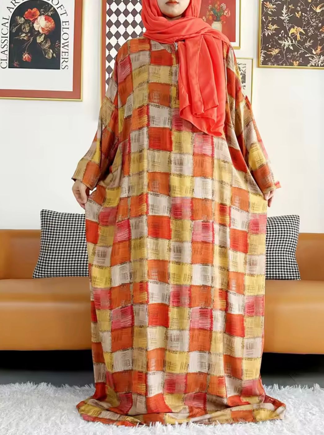 Abaya en coton pour femmes – Robe ample avec turban assorti, style Dubaï/Turquie, élégance et confort