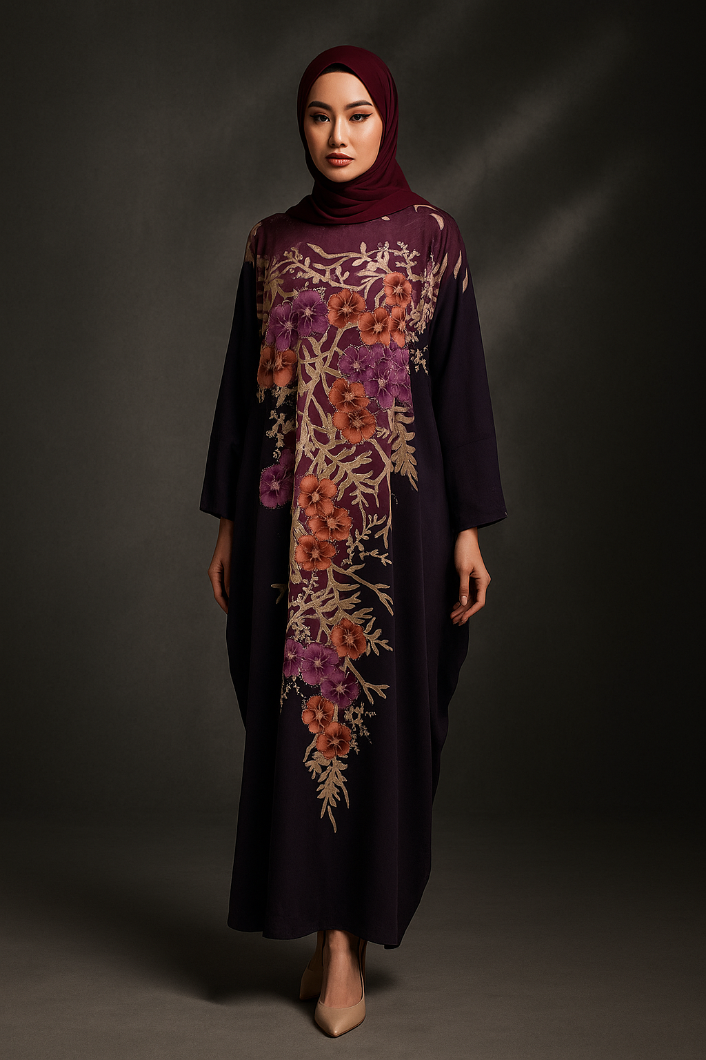 KAFTAN ABAYA WITH DIAMANTE CRYSTAL LONG BATWING SLEEVE  : PURPLE