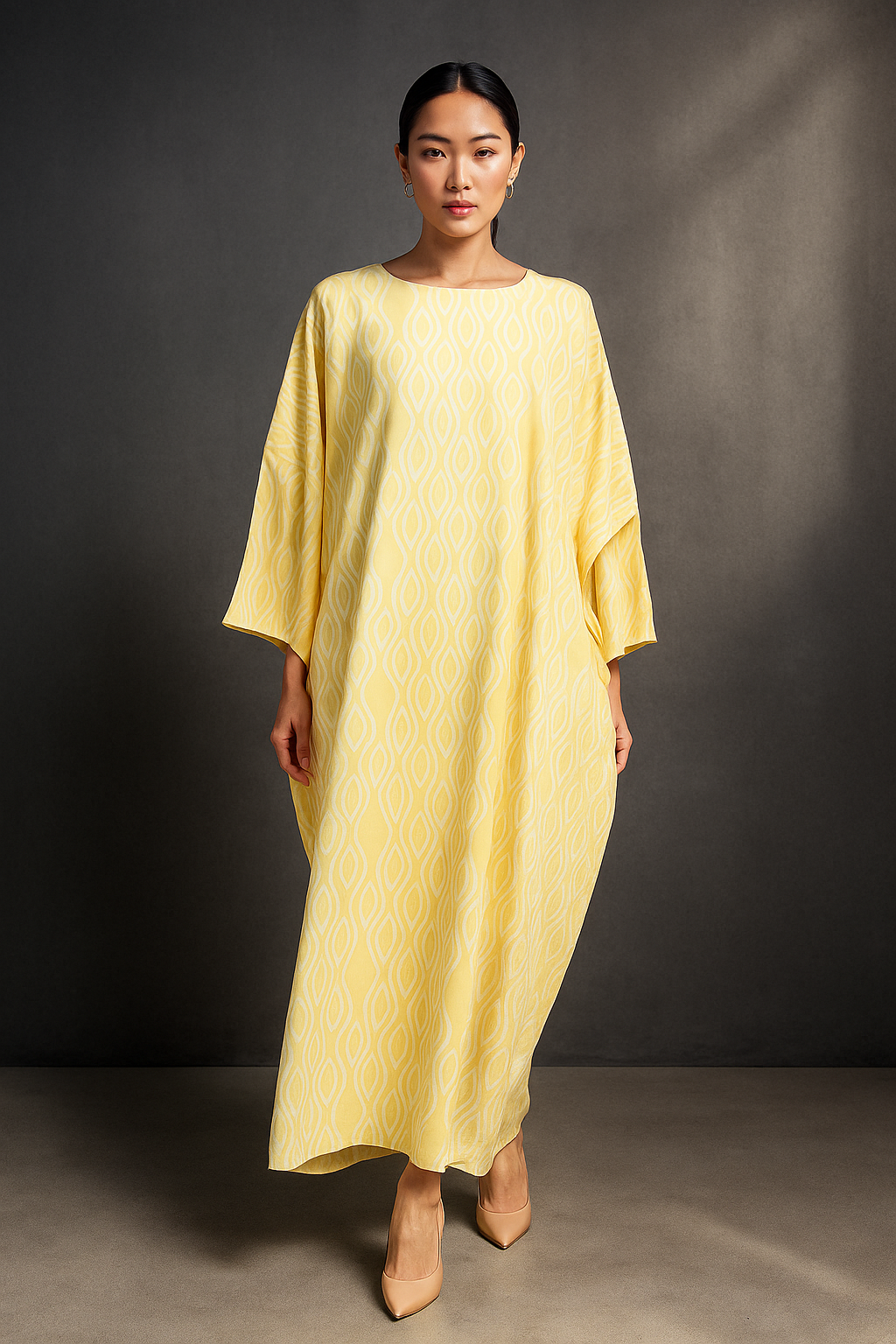 KAFTAN ABAYA DAUN WITH DIAMANTE CRYSTAL LONG SLEEVE  : YELLOW