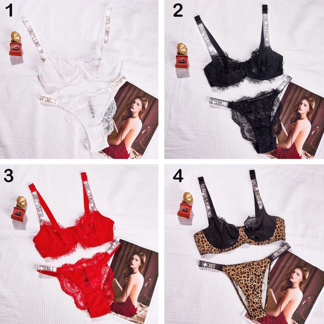 L - Lace Rhinestone Lingerie Set - Polyester Fabric 